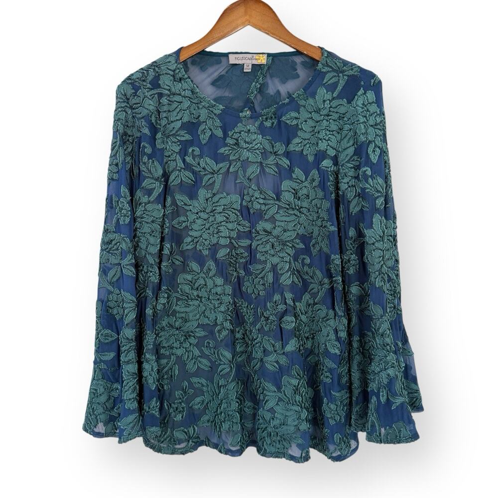 Figueroa & Flower Velvet Burnout Top Size M Green Teal Blue Floral Bell Sleeve